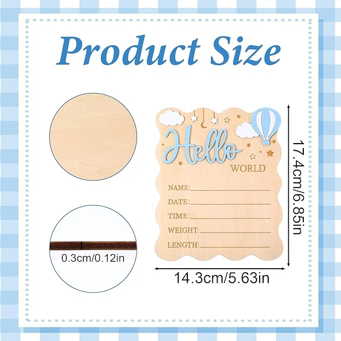 Hello World Newborn Sign, Wooden Newborn Announcement Sign, Boys Girls Birth Information Record Board with Hot Air Balloon Cloud Star Design for Photo Prop for Baby Shower Hospital Nursery