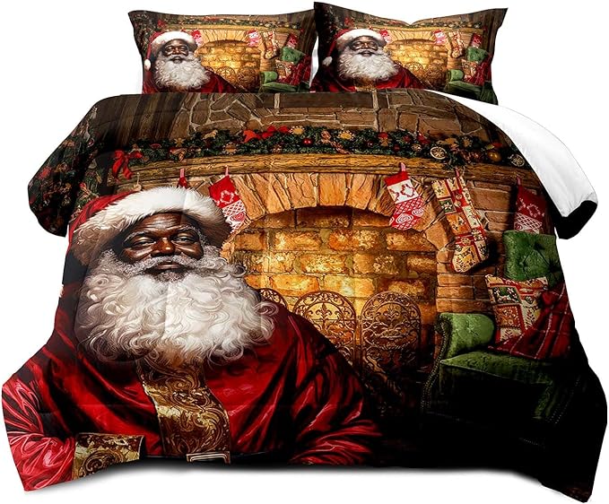 LUVIVIHOME 3PCS Christmas Comforter Set, King Size, Funny Black Santa Claus Bedding, Xmas Merry Christmas Bedroom Decor for Kids Boys Girls Teens, African American Decorations, 1 Pillow Case