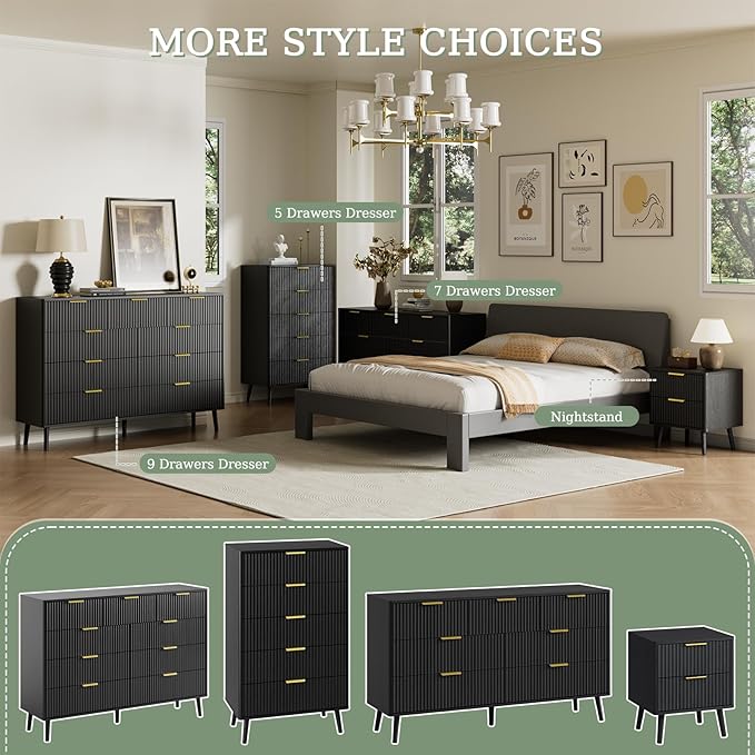 LYNSOM Fluted Dresser and Nightstand Sets 2 Piece, 2-Drawer Nightstands and 7-Drawers Dresser, Wood Bedroom Furniture Set for Home, Bedroom, Hallway, Black