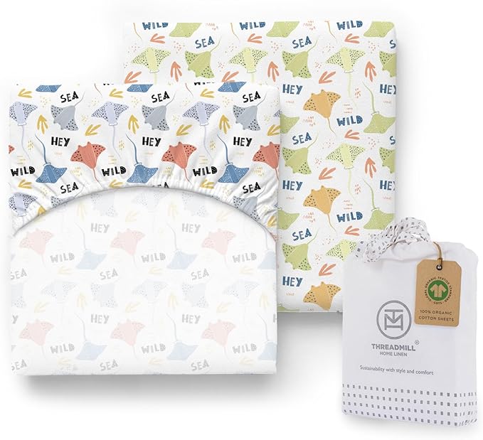 Threadmill Organic Baby Crib Sheets for Boys & Girls | 100% Organic Cotton Fitted Crib Sheet for Standard Crib Mattress | 2 Pack Unisex Cozy Toddler Sheets, Machine Washable | Rays