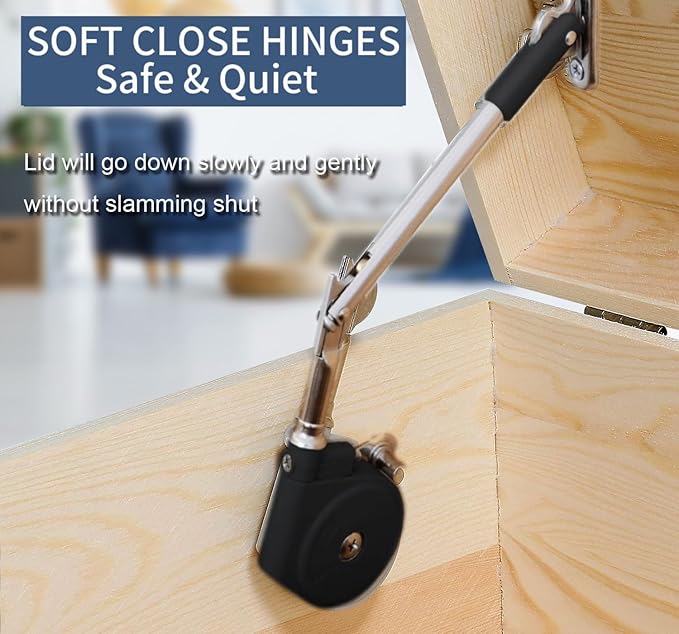 Toy Box Hinges Soft Close - Chest Hinge Lid Stay 105 Degree Open with Soft Close, Lid Support for Toy Box and Upward Top-Opening Flap Doors (Black 1 Pack)