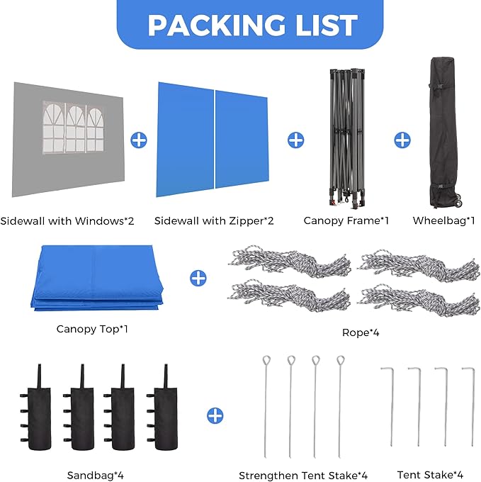 GDY 12x12FT Pop Up Canopy Tent with One Push Setup, Easy to Install with 4-Sidewalls for Events, Parties, Camping, Outdoor Gazebo with 4-Sandbags, Blue.