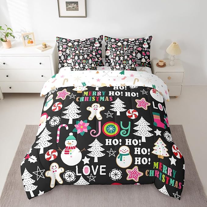 Christmas Kids Bedding Set Cartoon Snowman Gingerbread Man Comforter Set with Sheets for Boys Girls Christmas Tree Decor Bed in a Bag Pink Xmas Theme Black Bed Set 7Pcs Twin Size