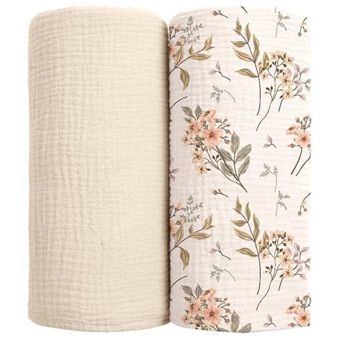lulumoon Muslin Swaddle Blankets for Baby: Soft Cotton Newborn Receiving Blankets - Floral Print Nursery Gift Set for Baby Girls(White Flower)