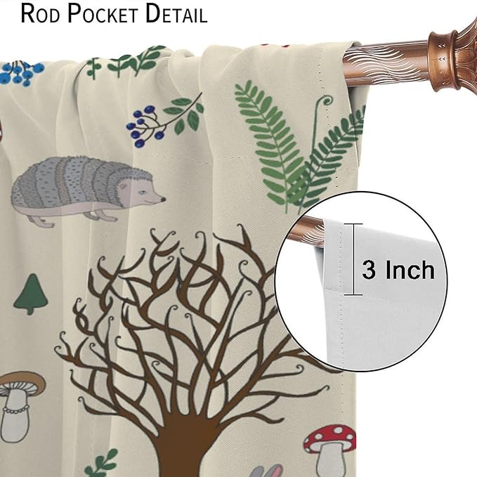 Kids Forest Animal Curtains, Rustic Cute Wild Animal Fox Deer Hedgehog Window Treatments Farmhouse Woodland Window Drapes for Girls Boys Nursery Toddler Bedroom 72x63in