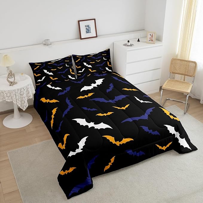 Erosebridal Bat Comforter Set Toddler Size for Kids Boys Happy Halloween Decor Quilt with 1 Pillow Case Bats Animal Silhouette Bedding Set Gothic Spooky White Duvet Insert,Orange