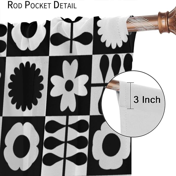 Mid Century Geometric Floral Curtains,Vintage 70s Window Treatments for Boys Girls Kids Bedroom Curtains,Boho Black and White Floral Curtains 52"" W X 84"" L, Style-10