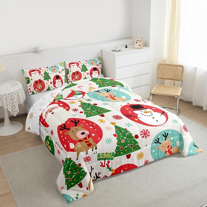 Feelyou Christmas Bedding Set Soft for Boys Girls, Santa Snowman Comforter Set Toddler Size Deer Xmas Tree Duvet Quilt Microfiber Snowflake Bedroom Decor 2 Pcs with 1 Pillow Cases