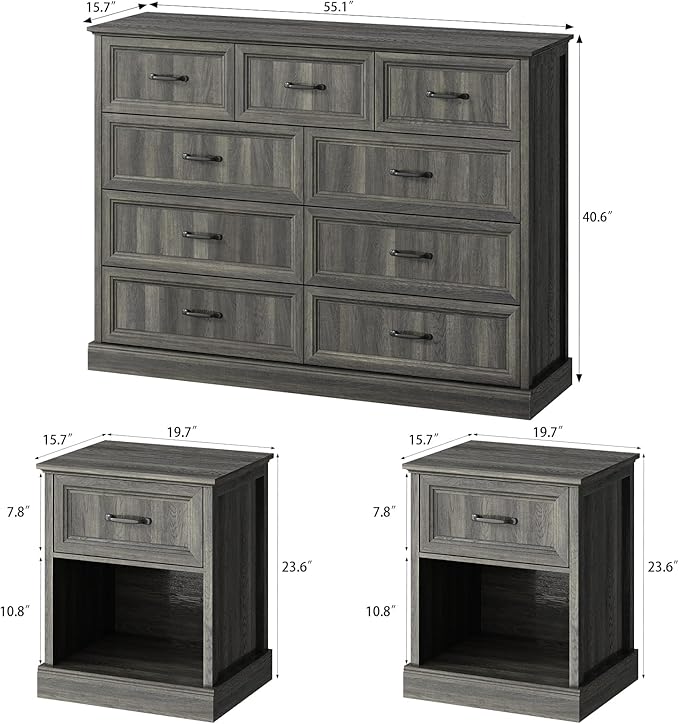 CARPETNAL Farmhouse Dresser and Nightstand Sets for Bedroom, 3 Pcs Bedroom Set, 9 Drawer Dresser & Nightstand Set of 2, Modern Wood Chest of Drawers for Bedroom, Living Room, Entryway, Grey