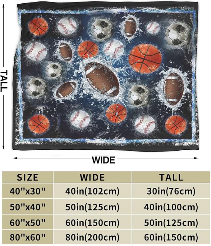 Sports Balls Blanket for Girls Boys Fans Basketball Baseball Football Soccer Throw Blankets Soft Cozy Warm Fuzzy Fleece Bedding Flannel Throws Stuff Gifts Kids Men Women Bedroom Decor 60"x50"