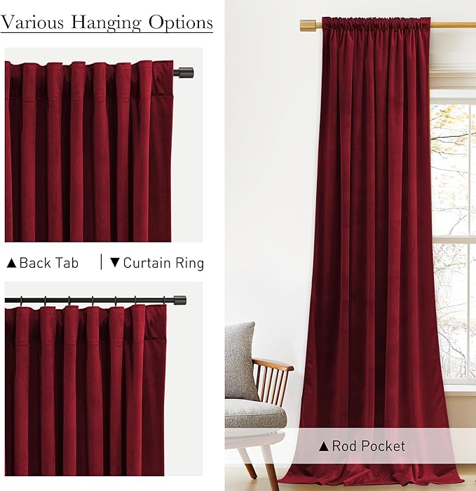 StangH Red Curtains 90 inches Long Luxury Super Soft Velvet Theater Curtains Back Tab Thermal Insulated Room Darkening Privacy Panels for Living Dining Room, W52 x L90, 2 Panels