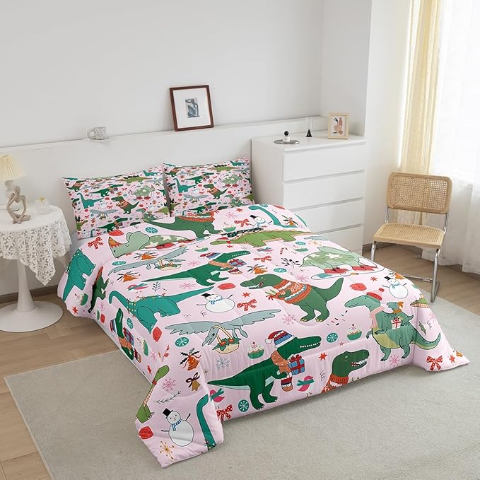 Feelyou Christmas Pink Comforter Set Toddler Size for Kids Boys Girls Cartoon Xmas Dinosaur Bedding Set Snowman New Year Decorations Bedroom Quilt Set