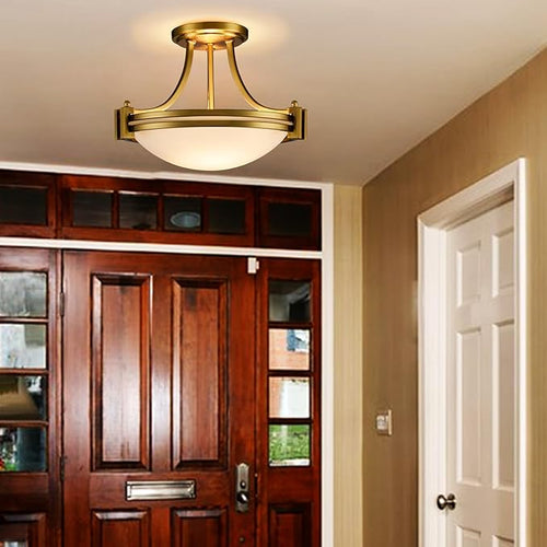 12-Inch Brass Semi Flush Mount Ceiling Light Milk Glass Light Fixture Mid Century 2-Light Gold Glass Ceiling Light for Hallway Bedroom Foyer