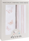 Ely's & Co. Pack and Play Sheets, for Mini/Portable Crib, 2 Pack Fitted Playpen Play Yard Sheet Set Compatible with Graco Pack n Play, for Baby Girls, 100% Cotton, 38”x24”x5” Pink Butterfly + Stripes