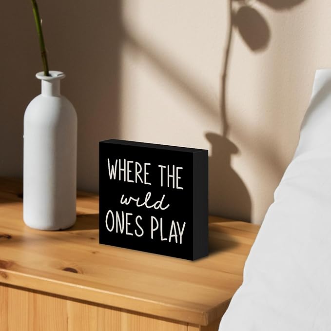Where The Wild Ones Play Black Wood Box Sign Desk Decor 5X5, Nursery Kids Room Wooden Block Sign Decorations for Playroom Toddler Boys Girls Room Wall Tabletop Shelf Decor