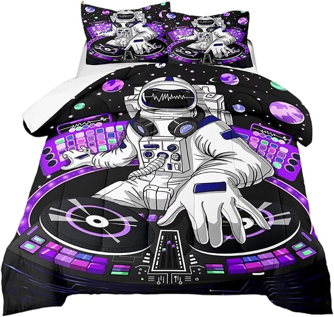 kxry Space Astronaut Galaxy Comforter Sets Full Size Outer Space Themed Bedroom Decor Bedding Sets Black and Purple Bedding Quilt for Kids Teen Girls 1 Comforter+ 2 Pillowcases