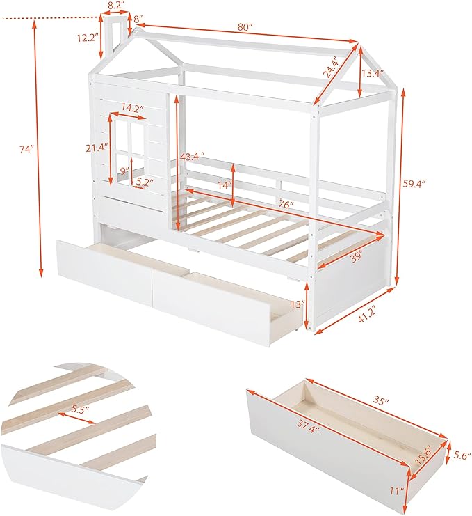 Merax House Bed with Two Drawers, Window and Roof, Twin Size Wood Storage Bunk Bed Daybed Can be Decorated for Girls, Boys (White)