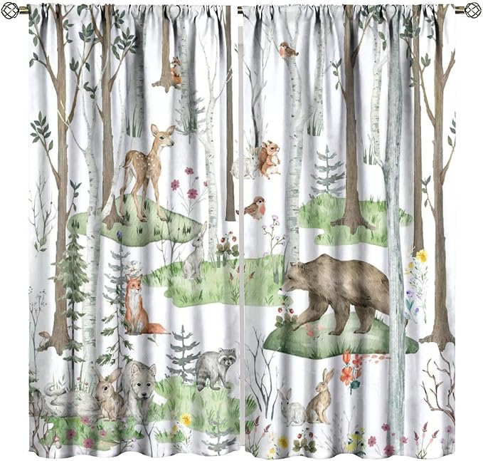 YCness Woodland Animals Curtains, Wild Animals Watercolor Forest Bear Deer Fox Rabbit Floral Nature Window Treatments for Bedroom Kitchen Nursery Living Room Drapes, 42x63 Inch