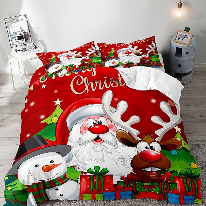 LUVIVIHOME 3PCS Red Christmas Duvet Cover Full Bedding Set, Boys Girls Kids Bedding, Santa Claus Snowman Reindeer Holiday New Year Xmas Gifts Christmas Comforter Bedspread Quilt Cover, 2 Pillow Cases