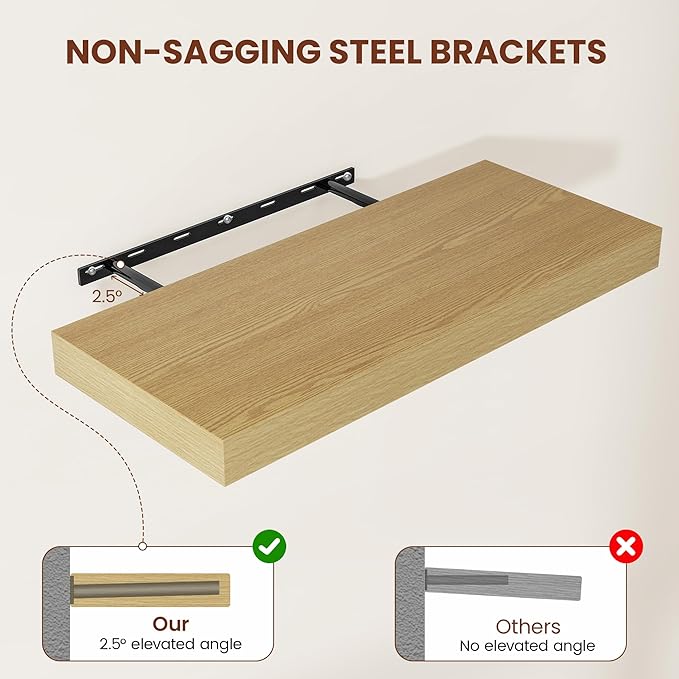 Vivelove 12 Inch Deep Floating Shelves 55 inch Long, 2 Inch Thick Wall Shelves with Invisible Brackets, Shelf for Bedroom Bathroom Living Room Kitchen Office Home Decor, Modern Shelf Set of 2, Oak