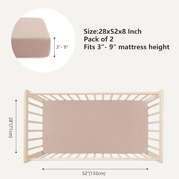 Bearmoss Muslin Crib Sheets - 100% Cotton Baby Crib Sheets Fitted for Standard Crib Mattress & Toddler Bed Mattress 52"x28" Soft Breathable Crib Sheet Neutral for Boys Girls - 2 Pack (Pink Star)