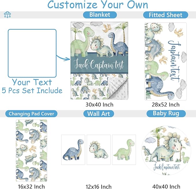 Personalized Baby Crib Bedding Set with Name, 5 Pcs Dinosaur Crib Bedding Set for Boys Girls, Double Layer Nursery Crib Set for Infant Toddlers, Ideal Gift for Newborns Kids New Parents