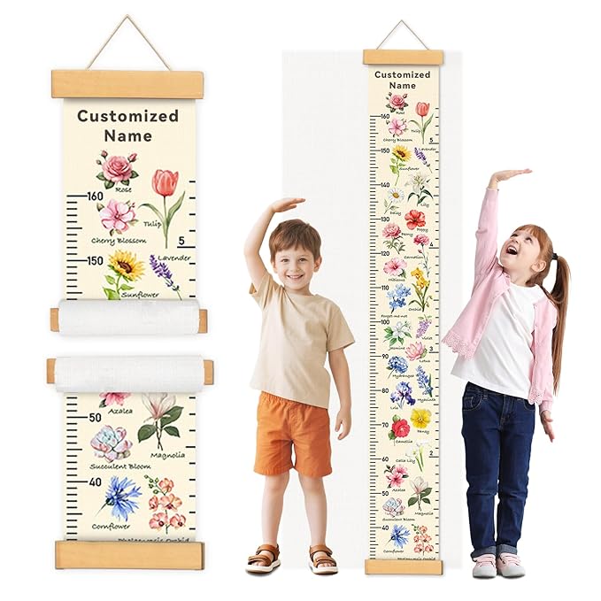 Personalized Name Height Chart for Kids, Kids Growth Chart for Wall, 59" X 7.9" Canvas Removable Height Chart Measuring Ruler for Kids & Baby(Paint Flowers-1）