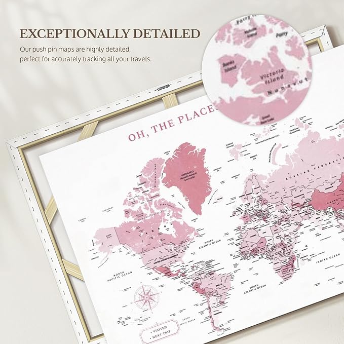 ElephantStock - Places You'll Go Push Pin World Map Wall Art - Horizontal Canvas Wall Art - Living Room Wall Decor - Digital Art Map Canvas Art - White And Pink Decor - 51" x 34"