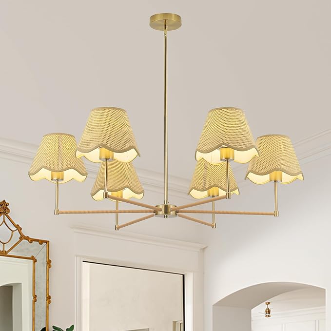 33.5in Farmhouse Rattan Chandelier Gold Large Pendant Light Fixture with Wicker Lampshade Boho Chandeliers for Living Room Dining Room Bedroom Entryway Kitchen Island