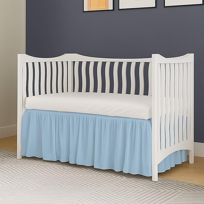 Crib Bed Skirt Dust Ruffle with Split Corners - 100% Cotton - Nursury Standard Crib Bedding Toddler Bedskirt for Baby Boys or Baby Girls - 14" Drop - Light Blue Crib Skirt