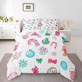 Feelyou Candy Cane Comforter Set Full Size Christmas Ornament Bedding Set for Kids Boys Girls Snowflake Duvet Quilt Festive Bow Bedroom Decor Christmas Stocking Microfiber 3 Pcs with 2 Pillow Cases