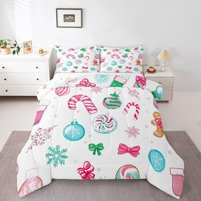 Feelyou Candy Cane Comforter Set Toddler Size Christmas Ornament Bedding Set for Kids Boys Girls Snowflake Duvet Quilt Festive Bow Bedroom Decor Christmas Stocking 2 Pcs with 1 Pillow Cases