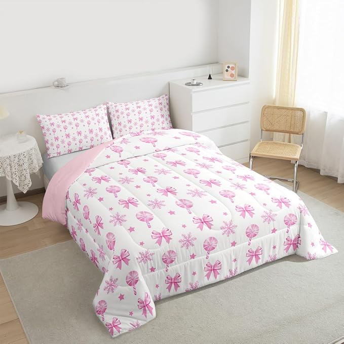 Feelyou Pink Christmas Bedding Set Soft for Boys Girls, Bow Candy Comforter Set King Size Star Snowflake Duvet Quilt Microfiber Bedroom Decor 3 Pcs with 2 Pillow Cases