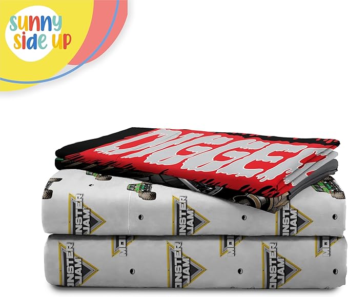 Sunny Side Up Monster Jam Grave Digger Full Sheet Set - 4 Piece Kids Bedding Set Includes Pillow Cover - Super Soft Microfiber Sheets