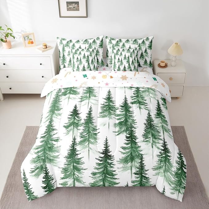 Erosebridal Green Christmas King Comforter Set with Sheets 7 Piece Winter Forest Pine Tree Bed in A Bag Merry Christmas Tree Theme Bedding Sets for Teens Teenager New Year Holiday Xmas Bed Set