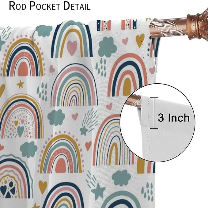 Kids Rainbow Curtains Boho Cartoon Colorful Stars Love Heart Lovely Abstract Art Pattern Print Window Drapes for Girl Bedroom Living Room Kitchen Decor,2 Panel Set,55Wx63H Inch Blackout