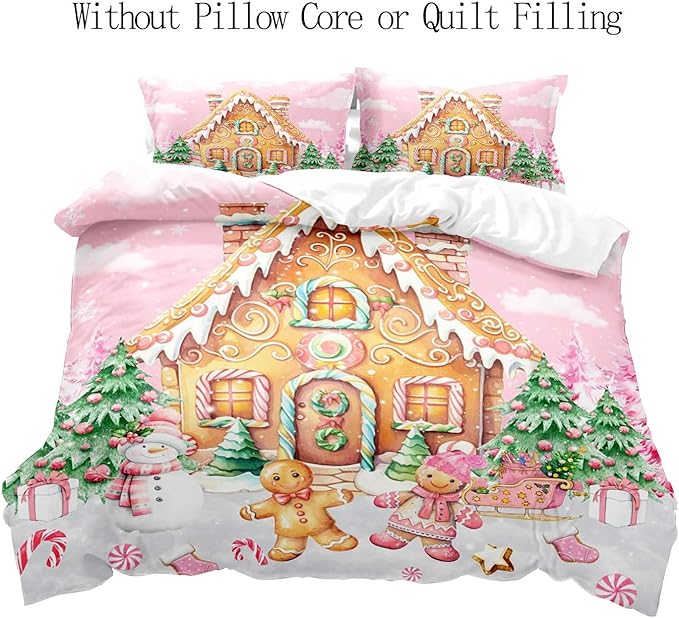 LUVIVIHOME 3PCS Pink Gingerbread House Duvet Cover King Bedding Set, Teen Girl Bedding, Gingerbread Man Snowman Christmas Tree Candy Cane Winter Holiday Kids Christmas Comforter Cover, 2 Pillow Cases