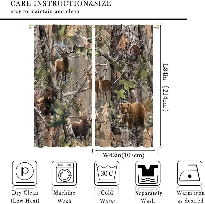 Retro Forest Window Curtains, Camouflage Hunting Tree Camo Rustic Deer Elk Bird Bear Blackout Rod Pocket Windows Door Curtain for Bedroom Living Room Home Decor 84x84in