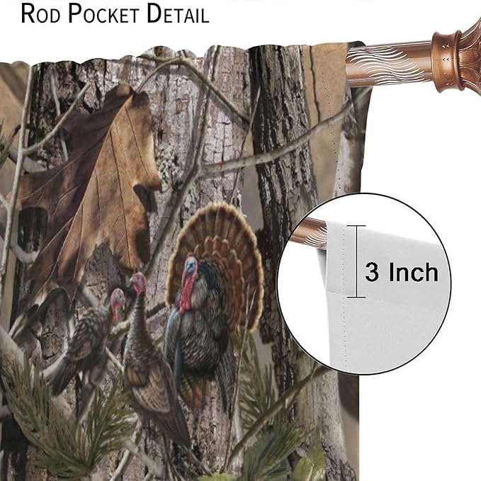 Retro Forest Window Curtains, Camouflage Hunting Tree Camo Rustic Deer Elk Bird Bear Blackout Rod Pocket Windows Door Curtain for Bedroom Living Room Home Decor 42x45in