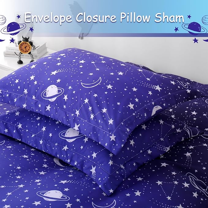 JSD Blue Stars Kids Duvet Cover Set Full Size, 3 Piece Boys Space Theme Microfiber Comforter Cover with Pillow Shams Zipper Closure, Comforter Not Included