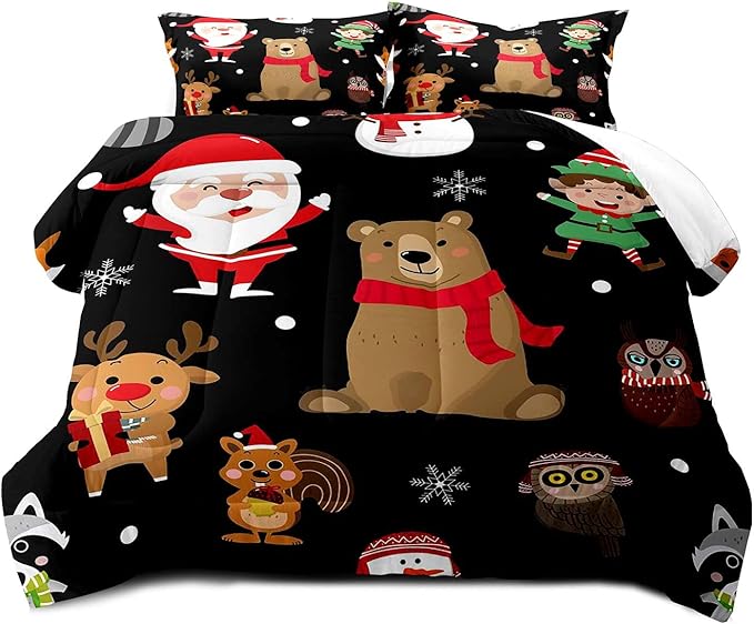 LUVIVIHOME 3PCS Merry Christmas Comforter Set King Size, Boys Girls Kids Bedding, Black Quilt, Funny Cute Cartoon Santa Claus Elf Owl Elk Reindeer Squirrel Xmas Christmas Bedroom Decor, 2 Pillow Shams