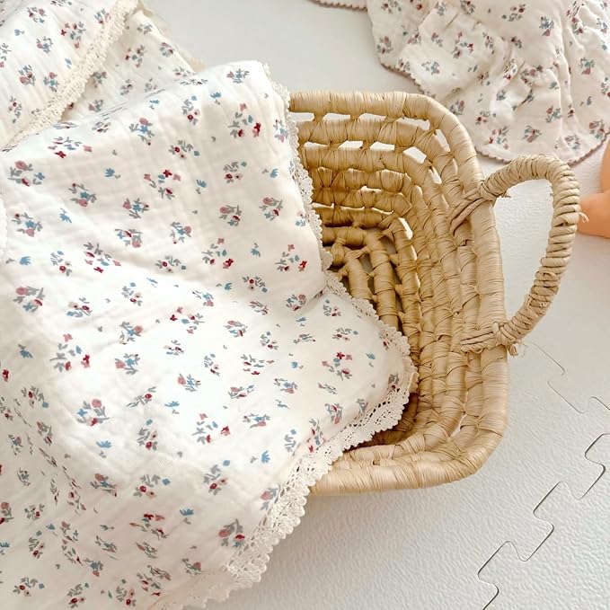 BuLuTu Cotton Muslin Quilted Blanket for Toddler/Twin Bed, Soft Breathable Children Comforter with Lace Edge, Chic Shabby Reversible Floral Quilt, Kids Boys Girls Gauze Cotton Bedding, 60x78 Inches