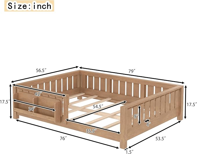 Bellemave Full Size Floor Bed with high Rails and with Built-in Bookshelf for Kids, Girls, Boys, Wood Montessori Floor Bed Without Door, Natural