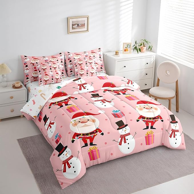 Feelyou Christmas Bed in a Bag Merry Christmas Snowman Comforter Set with Sheets for Kids Boys Girls Decor Santa Claus Bed Set Kawaii Pink Bedding Set Bedroom Collection King Size