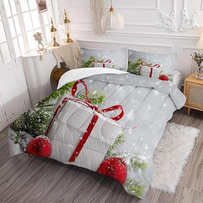 kxry Christmas Comforter Set Snow Scene Evergreen Bough Bedding Queen Size for Girls Boys Kids Gift Box Red Balls Quilt Duvet 1 Comforter + 2 Pillow Cases