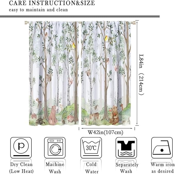 Kids Watercolor Woodland Animal Window Curtains, Bear Deer Squirrel Hedgehog Fox Birds Green Forest Blackout Rod Pocket Treatment for Boys Girls Bedroom 84x84in