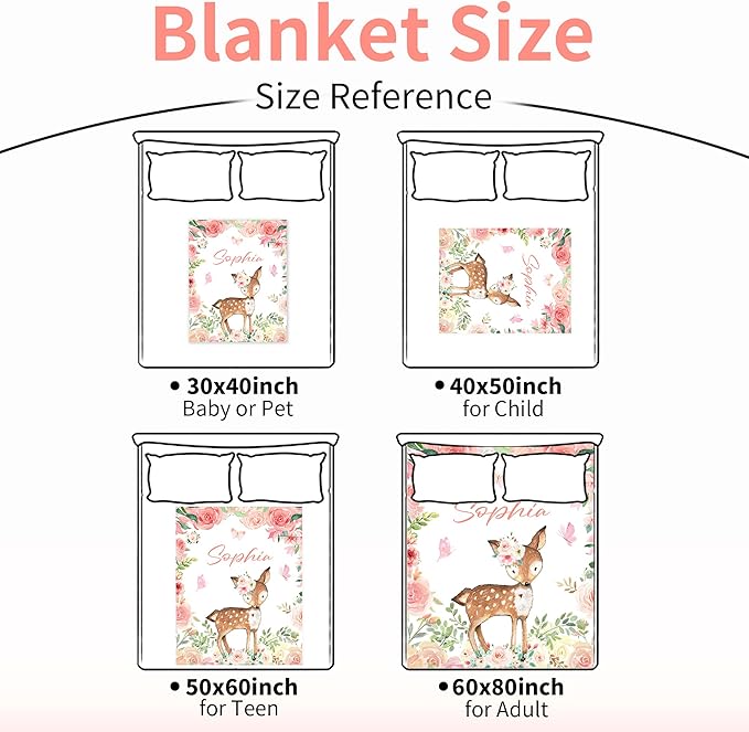 Personalized Deer Baby Blanket for Girl, Custom Name Blanket for Newborn Girl, Soft Flannel Toddler Blanket Customized Gift for Birthday Christmas Baby Shower 30" X 40"