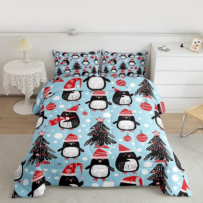 Feelyou Christmas Comforter Set All Season Penguin Bedding Set with 1 Pillow Cases Xmas Tree Microfiber Kids Twin Bedclothes Christmas Balls Bedroom Decor Duvet Quilt Breathable Soft Lightweight
