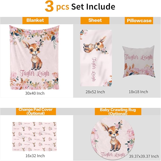 Custom Crib Bedding Set - Deer Design Personalized Name Baby Nursery Bedding 3 Pcs Set - Chic Soft Blanket, Sheet, Pillowcase for Newborns Boys Girls Gifts Color04
