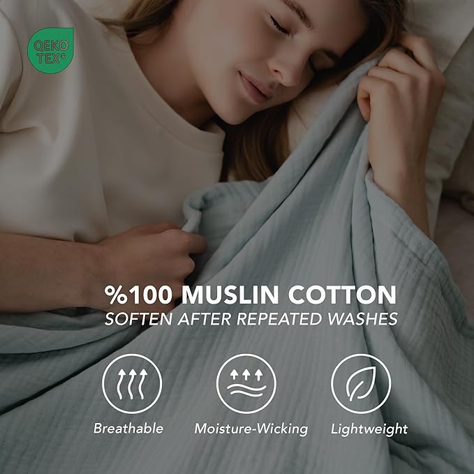 Goqan Muslin Blanket King Size 90x108 – 100% Cotton 4 Layer Boho Muslin Blanket for Adults, Lightweight, Soft, Breathable for Bed, Couch - Sage Green